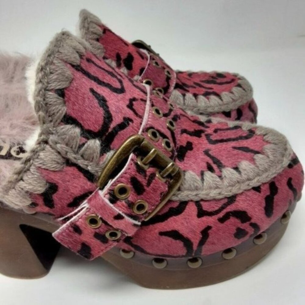 MOU Leopard Pink Pony Hair Shearling Platform Clogs 37 - Picture 11 of 13